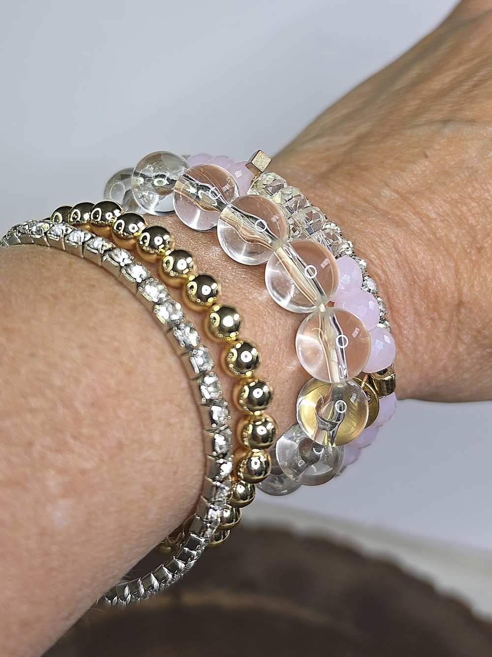 Stackable Pink Glass Silver Rhinestone & Gold Bead Stretch Bracelet Set